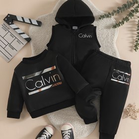 Resim 3'lü Set - Bebek Sonbahar Kış Çocuk Uzun Kollu Kazak Üst + Bel Lastikli Pantolon + Yelek Üç Parça Set - Sokak Stili "Calvin" Harf Baskılı, Sonbahar ve Kış için Dış Mekan ve Günlük Giyim 