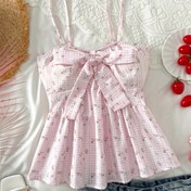Resim Kadınların Sarı Gingham Kontrollü Ön Kurdele Detaylı Kolsuz, Volanlı Etekli, Tatil, Düğün, İş ve Festivaller İçin Mükemmel, Bahar/Yaz Modası, Rahat Kıyafet|Volanlı Etekli Üst|Poliester Kumaş 