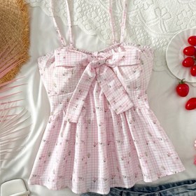 Resim Kadınların Sarı Gingham Kontrollü Ön Kurdele Detaylı Kolsuz, Volanlı Etekli, Tatil, Düğün, İş ve Festivaller İçin Mükemmel, Bahar/Yaz Modası, Rahat Kıyafet|Volanlı Etekli Üst|Poliester Kumaş 