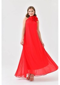 Resim Dip Moda Kadın Broş Çiçek Detaylı Abiye Elbise Dpnbs9351 Kırmızı 