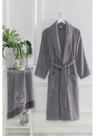 Resim 4 Parça Aile Bornoz Seti Kadın Erkek Havlulu Bornoz Takımı Lavanta - Beyaz 