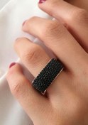 Resim OSESHOP Oniks Taşlı Gümüş Rose 7 Sıra Tam Tur Kare Gümüş Yüzük 