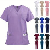 Resim Kadınlar için iki parçalı düz renkli tıbbi kıyafet, kısa kollu ve cepli, yıl boyunca rahat giyim için uygun. Mikro Elastik Polyester Kumaştan yapılmıştır ve bağcıklı pantolon içerir. 