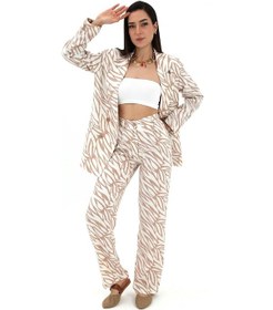 Resim Wpr Zebra Desen Yüksek Bel Keten Pantolon - Bej-bej Bej 