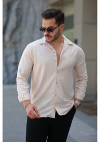 Resim Erkek Kadife Dokulu Uzun Kollu Gömlek Bej 