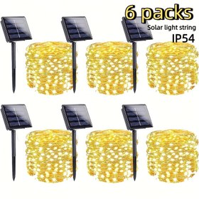 Resim 6'lı Paket Güneş Enerjili Sıcak Ton Bakır Tel Peri Işıkları, Dokunmatik Güvenli ve Elektriksiz, Noel, Cadılar Bayramı, Paskalya ve Diğer Tatil Süslemeleri İçin Mükemmel—Bahçeler, Avlular ve Kamp için Temel Dış Mekan Dize Işıklar 