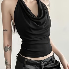 Resim Düz Renk Kolsuz, Seksi Sırtı Açık Volanlı Yaka Tank Üstü, Yaz Kadın Giyim. 