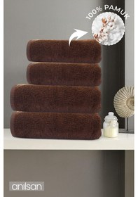 Resim 4'lü Kahverengi Havlu Seti %100 Pamuk - 2 Adet El Havlusu 50x90 Ve 2 Adet Banyo Havlusu 70x140 Kahve 