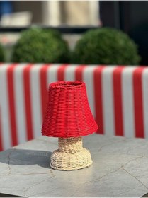Resim Kırmızı Rattan & Bambu Masa Üstü Kablosuz Pilli Abajur Alt- Üst Rattan Masa Lambası 