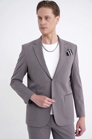 Resim Comfort Fit Çift Yırtmaç Torba Cep Metal Düğmeli Vizon Blazer Ceket C 734 - Bej / VİZON - 58 