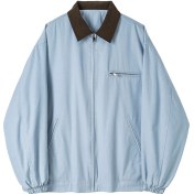 Resim Snapbuy Yıkanmış Denim Ceket, Amerikan Retro Stili, Kontrast Yakalı, Bol Kesim Buz Mavi 