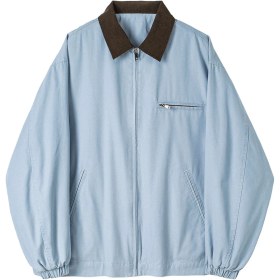 Resim Snapbuy Yıkanmış Denim Ceket, Amerikan Retro Stili, Kontrast Yakalı, Bol Kesim Buz Mavi 