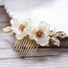 Resim Gelin Çiçek Saç Tarağı Altın Düğün Başlığı Gelin Saç Tokası Yaprak Düğün Saç Aksesuarları 