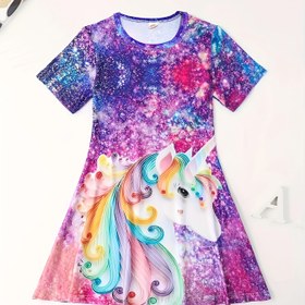 Resim Kız Çocukları İçin İlkbahar/Yaz 3D Işıltılı Yıldızlı Gökyüzü Unicorn Baskılı Günlük Elbise 