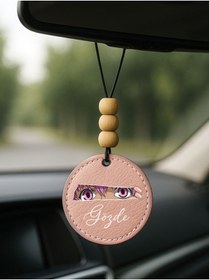 Resim Cekuonline Kişiye Özel İsim Yazılı 1.Sınıf Deri Ahşap Dekorlu Dikiz Aynası Süsü Pudra Pembe - Bakış 