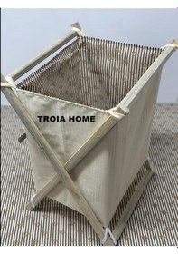 Resim meditroia Ahşap Kirli Çamaşır Sepeti 2 Kat Dış Ekru Iç Çizgili Krem 