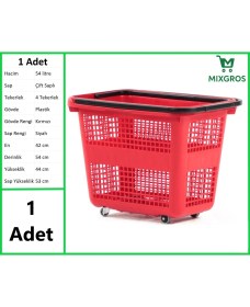 Resim Mixgros Tekerlekli Plastik Market Alışveriş El Sepeti 54 Litre Kırmızı 1 Adet 