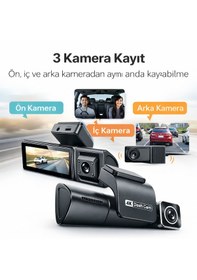 Resim 4k 3 Kameralı Araç İçi Kamera Wifi Destekli, G-sensörlü, Gps, Döngü Kayıtlı Mini Dash Cam 