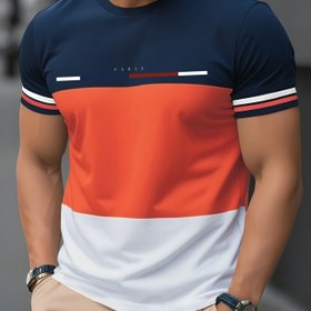 Resim Erkekler için Günlük Paris Esintili Renk Bloklu Tişört - Kısa Kollu, Yuvarlak Yaka, %100 Polyester, Yazlık Rahat Kesim "PARIS" Grafikli Günlük Kıyafet İçin 