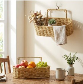 Resim Buffer 2 Li Duvar Askılı Plastik Rattan Organizer Oval Hasır Görünümlü Mutfak Raf Sepeti, Banyo Ve Ev İçi Düzenleme Ünitesi 