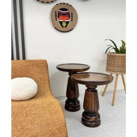 Resim Aselya Home Doğal Ahşap 2'li Set Mantar Yan Sehpa Modern Ceviz Renk Fiskos Zigon Çiçeklik 