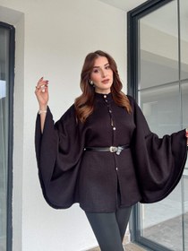 Resim Kemerli düğmeli panço-SİYAH - STD 