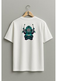 Resim Bahriyeli Collection Oversize Mecha Octopus Diver Dalgıç Cep Ve Sırt Tasarımlı Unisex T-shirt Beyaz 