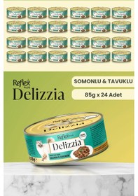 Resim Plus Delizzia / Sos İçinde Parça Etli Somonlu & Tavuklu Yetişkin Kedi Maması 85g X 24 Adet 
