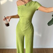 Resim Yeni Yaz Kadın Moda Takımı Asimetrik Tek Omuzlu T-Shirt Üst ve Rahat Geniş Bacaklı Pantolon Dar Kesim İki Parça Takım 