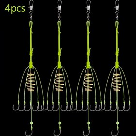 Resim 4 Adet Yüksek Karbonlu Paslanmaz Çelik Balıkçılık Kancaları - Otomatik Patlama Yem Kafesi Besleyici, Dikenli Kancalar, Yeşil & Sarı, Verimli Balık Yakalama için, Balıkçılık Yemi 