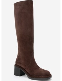Resim Luvi Shoes Fros Kahverengi Süet Hakiki Deri Kadın Kalın Topuklu Çizme Kahverengi 