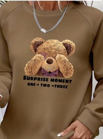 Resim Nnstartshopping Kadın Uzun Kollu Bisiklet Yaka Ayıcık Desenli Viskon Iki Iplik Bluz Kahve 