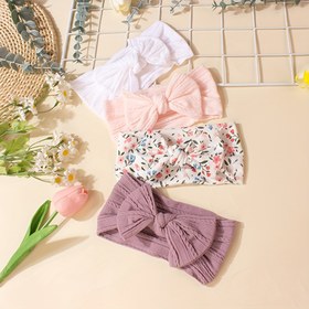 Resim 4 Adet Bebek Fiyonk Jakarlı Saç Bandı - Yumuşak Esnek Elastik Bebek ve Küçük Çocuklar İçin Saç Aksesuarları, 4 Stil: Beyaz, Çiçek Desenli, Puantiyeli & Morumsu, Rahat Anneler Günü Hediyesi 