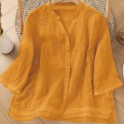 Resim Kadın Vintage Çiçek Süslemeli Bluz - Rahat Açık Ön Düğmeli Gömlek, Ruffled Hem, Bej & Beyaz Kontrast Tasarımı, Bahar/Sonbahar İçin Mükemmel, Rahat Giyim | Çiçek Süslemeli | Ruffled Hem Gömlek 