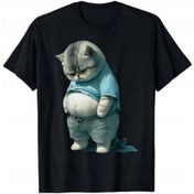 Resim Komik Şişman Kedi Sanat Tasarımı Şişman Yavru Kedi Sever Tişörtü SIYAH 