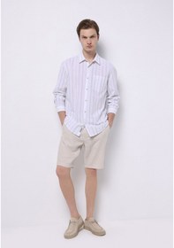 Resim Colins Regular Fit Shirt Neck Çizgili Erkek Keten Karışımlı Beyaz Uzun Kol Gömlek Cl1074499 Q1.v2 Wsd Whıte Strıped 