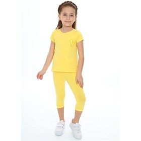 Resim Toontoy Kids Toontoy Kız Çocuk 2'li Takım Baskılı Bisiklet Yaka T-shirt & Beli Lastikli Crop Tayt Sarı 
