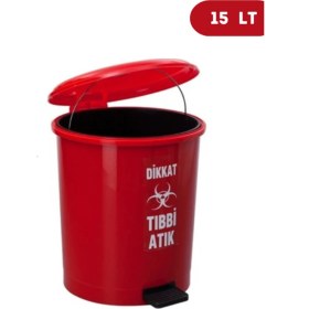 Resim Kırmızı Plastik Pedallı Iç Kovalı Tıbbi Atık Kutusu 15 Litre 