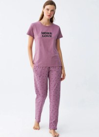Resim Akbeniz Kadın Mor Yıldız Desenli Penye Kısa Kol Pijama Takımı Mor 