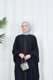 Resim HNT Hayrunnisa Tesettür Yarasa Kol Leopar Taşlı Elbise Lacivert HNT8526 