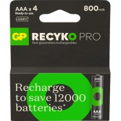 Resim GP Recyko Pro 800 mAh 1.2V AAA Boy NiMH İnce Şarjlı Pil 4'lü Kart 