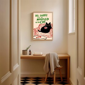 Resim 1 adet "Tüm Misafirler Kedi Onaylı Olmalıdır" Karikatür Poster - Kırmızı Sandalyede Şirin Siyah Kedi, Kedi Severler İçin Eğlenceli Duvar Sanatı, Ev Ofisi, Yatak Odası, Oturma Odası veya Banyo Dekoru İçin Çerçevesiz Tuval Baskısı, İç Duvar Dekoru | Eğlenceli Kedi Tasarımı | Modern Duvar Sanatı, Kedi Dekoru 