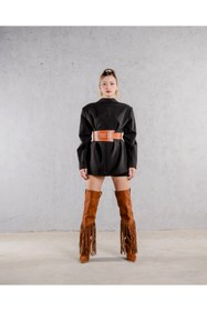 Resim AYAKKABI PRENSİ Fringe Püsküllü Ve Trok Detaylı Kovboy Taba Suet 9 Cm Kadın Çizme, Topuklu Çizme 