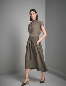 Resim Beli Büzgülü Yeşil Maxi Kumaş Etek 