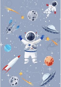 Resim Dijital Baskılı Dekoratif Kaymaz Taban Yıkanabilir Uzay Temalı Modern Çocuk Halısı Gri 