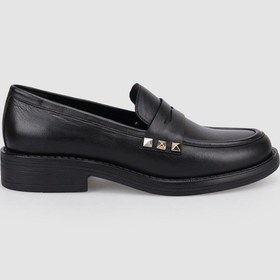 Resim Hakiki Deri Siyah Zımba Detaylı Kadın Loafer Siyah 