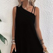 Resim Şık Tek Omuzlu Mini Elbise - Kolsuz, Asimetrik Etek, Düz Renk Siyah, Makinede Yıkanabilir - Yazlık Günlük Giyim için Mükemmel, Yazlık Rahat Elbise | Kolsuz Moda | Akıcı Tasarım 