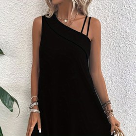 Resim Şık Tek Omuzlu Mini Elbise - Kolsuz, Asimetrik Etek, Düz Renk Siyah, Makinede Yıkanabilir - Yazlık Günlük Giyim için Mükemmel, Yazlık Rahat Elbise | Kolsuz Moda | Akıcı Tasarım 