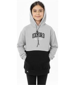 Resim Kapşonlu Oxford Baskılı Kanguru Cepli Kız Çocuk Sweatshirt-90862 Gri 