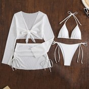 Resim Kadınların Şık Düz Renkli Balık Derisi Desenli 4 Parça Bikini Mayo Seti 